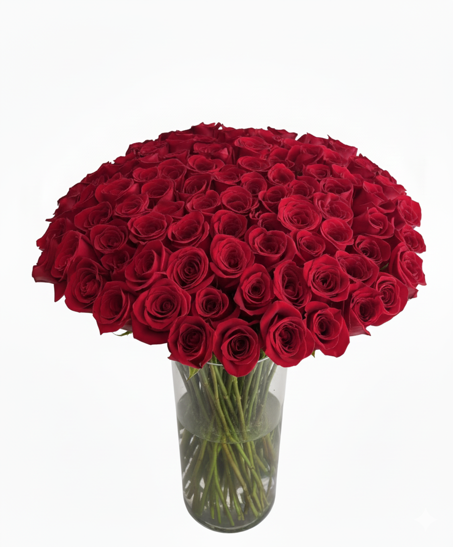 100 pcs Red Rose in Glass Vase