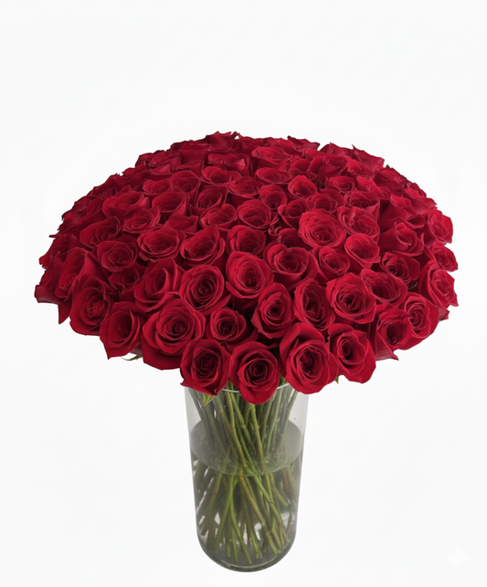 100 pcs Red Rose in Glass Vase