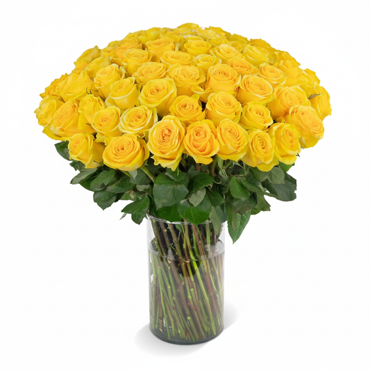 100 pcs Yellow Rose in Glass Vase