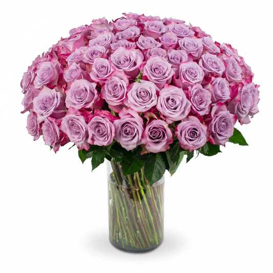 100 pcs Deep Purple Rose in Glass Vase